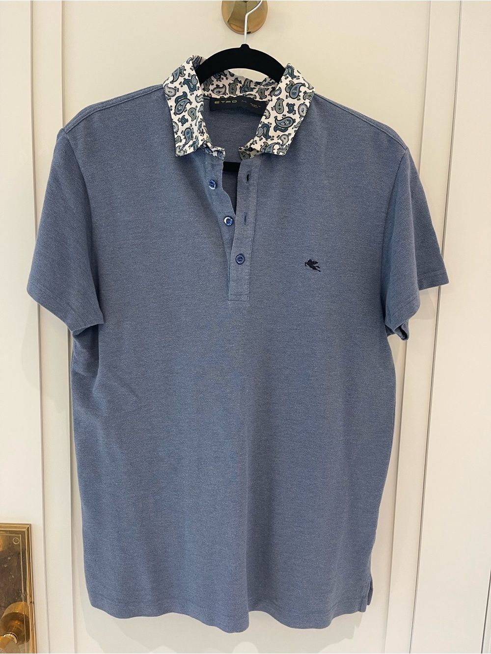 Etro Light Blue Polo with Paisley-Trim Collar